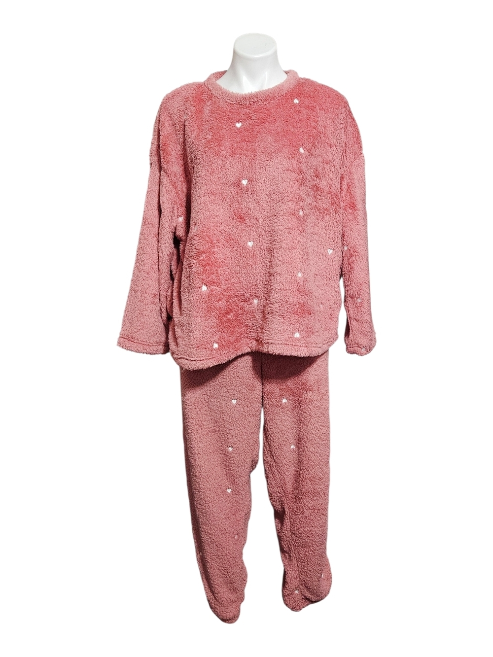 Cozy Heart-Print Plush Pajama Set in Dusty Rose